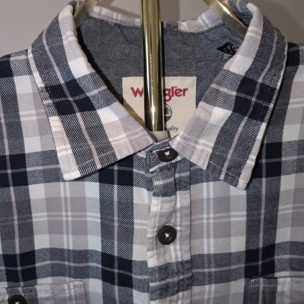 Wrangler Flannel Shirt Mens 2XL Grey Black Plaid Cotton Long Sleeve Workwear - Picture 4 of 10
